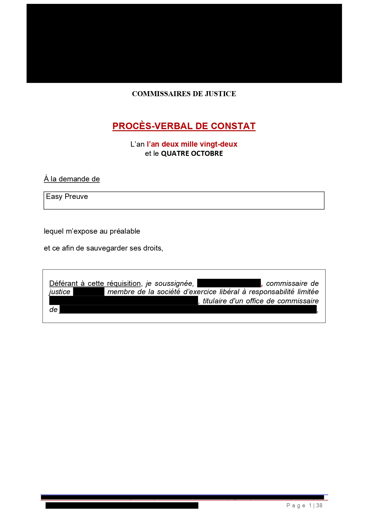 Photographie d'un exemple constat réalisé par un huissier de justice